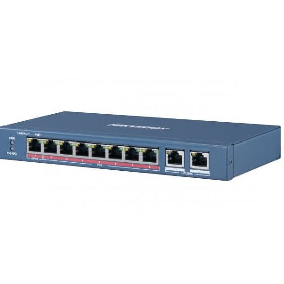 DS-3E0310HP-E switch 8x100TX PoE (1xHi-PoE- 60W) + 2x Gb, 110W - dosah až 250m