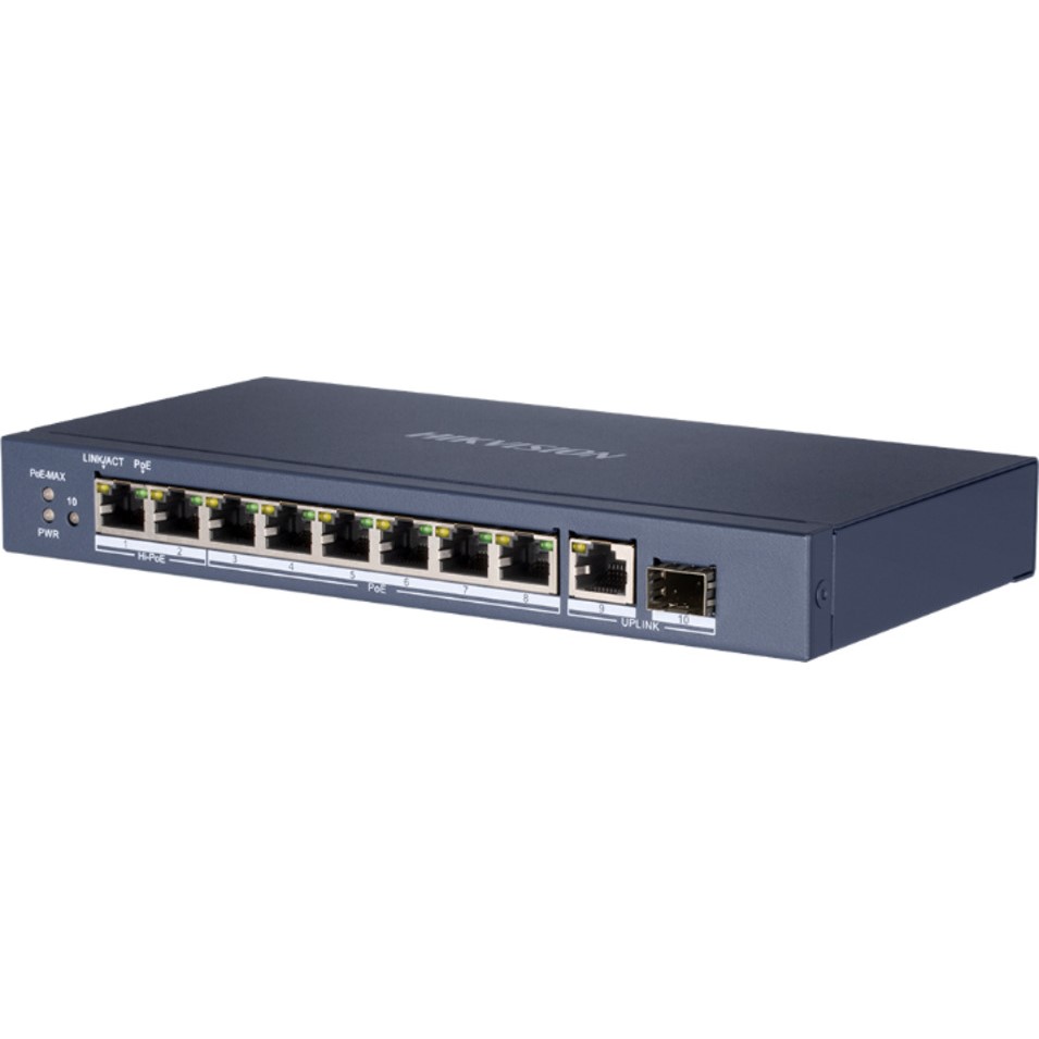 DS-3E0510HP-E full Gb switch 8x PoE (2x HI-PoE), 1x uplink RJ-45 + 1x uplink SFP, 110W, dosah až 300m