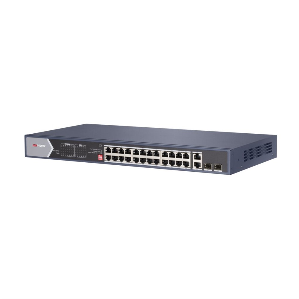 DS-3E0528HP-E Full Gb switch 24x PoE (4x HI-PoE), 2x uplink RJ-45 + 2x uplink SFP, 370W, dosah až 300m