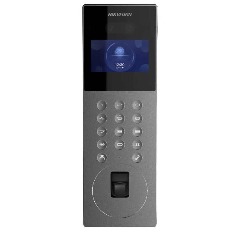 DS-KD9203-FE6 IP dveřní interkom s rozpoznáním obličeje; 4,3" displej; čtečka Mifare karet a otisků prstů