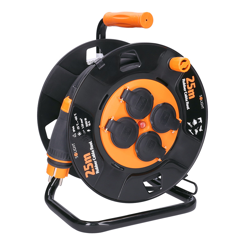 Solight PB33 prodlužovací přívod - na bubnu, 4 zásuvky, 25m kabel guma, 3x 1,5mm2, IP44